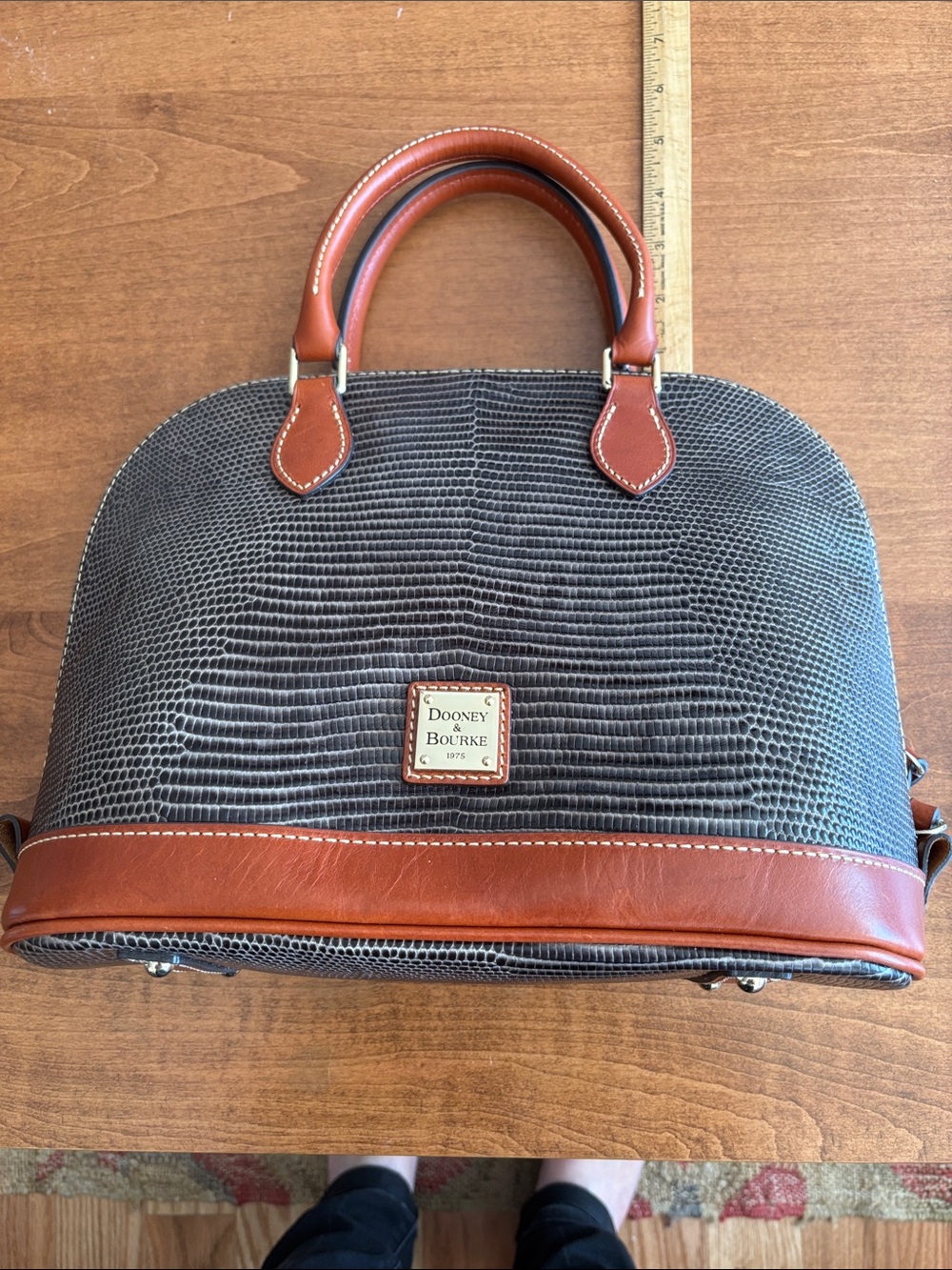 Dooney & Bourke Gray Lizard-Embossed Satchel with Brown Trim